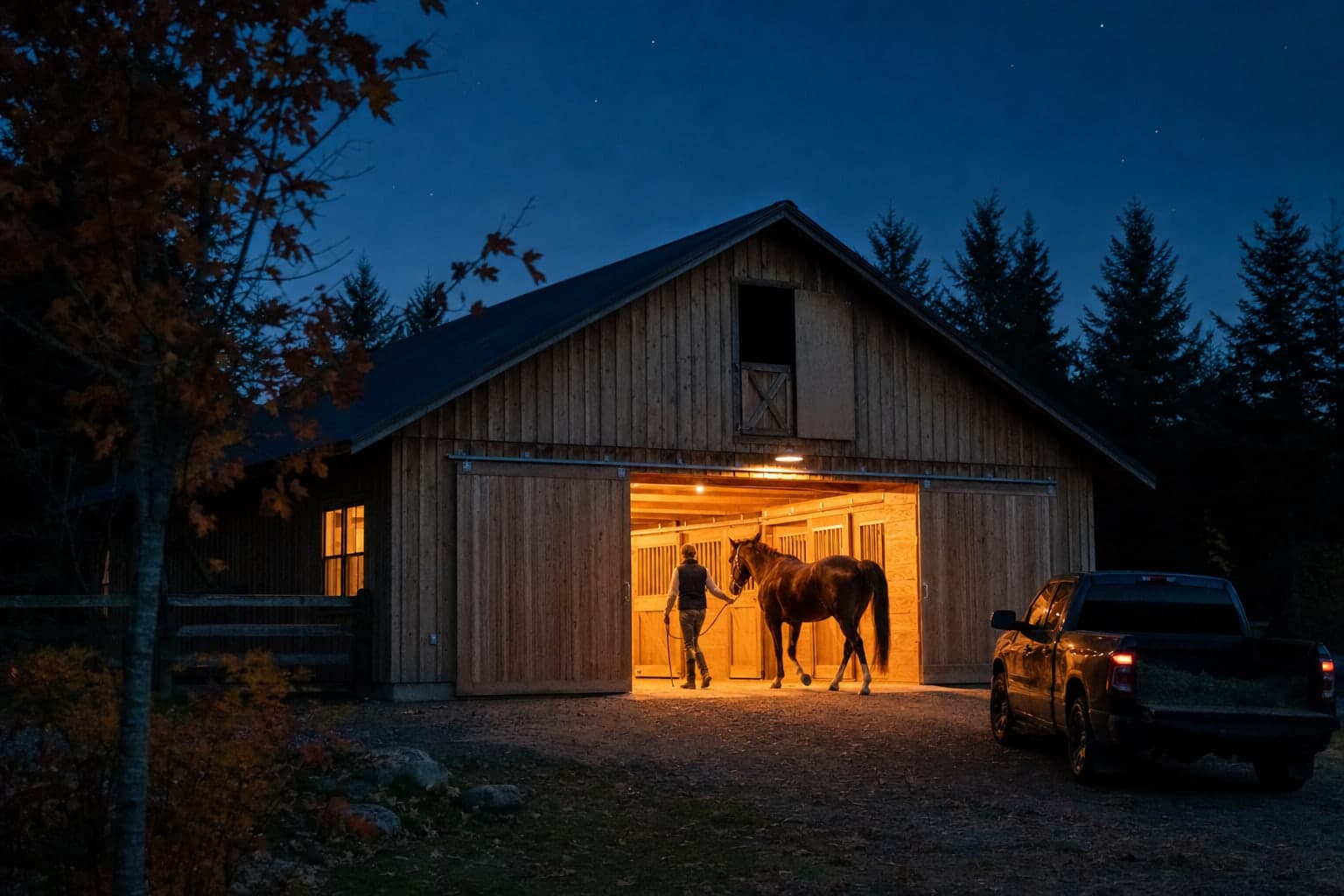 A barn at dusk with its doors open and the lights on, a horse being led inside