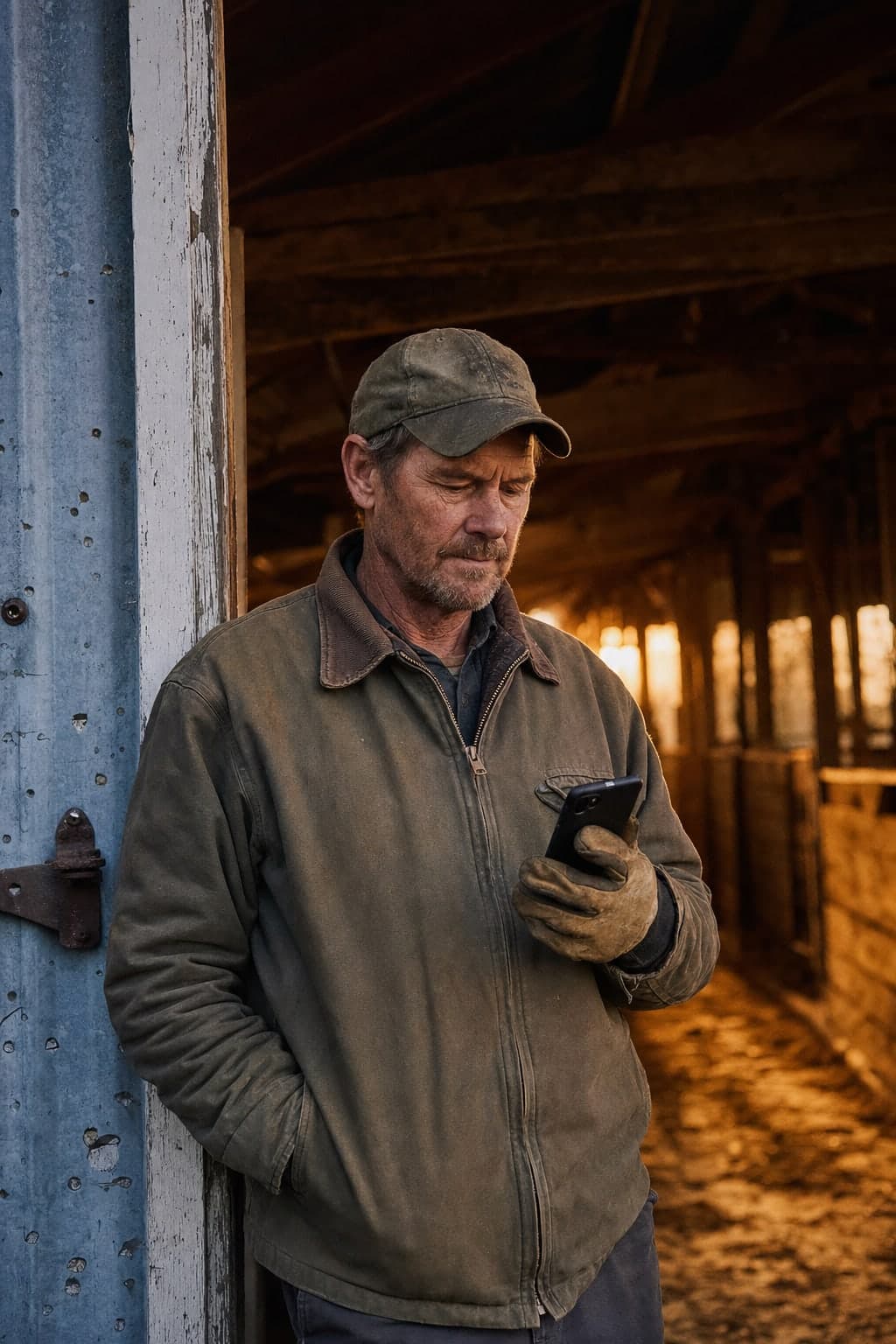 A man in a work jacket checking his phone in a barn doorway at the end of the day