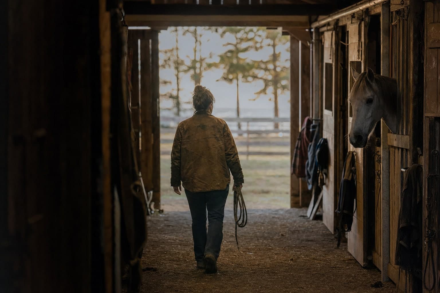 Looking down a barn aisle at evening: a woman walks toward the open doors with a lead rope while a grey horse watches from its stall