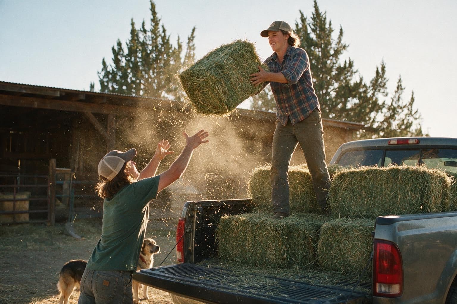 Two people loading hay bales into the back of a pickup outside a barn