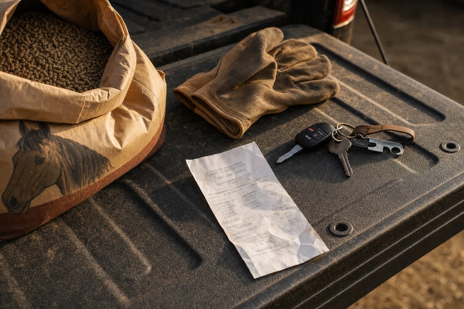 A feed-store receipt, work gloves and truck keys on a pickup tailgate