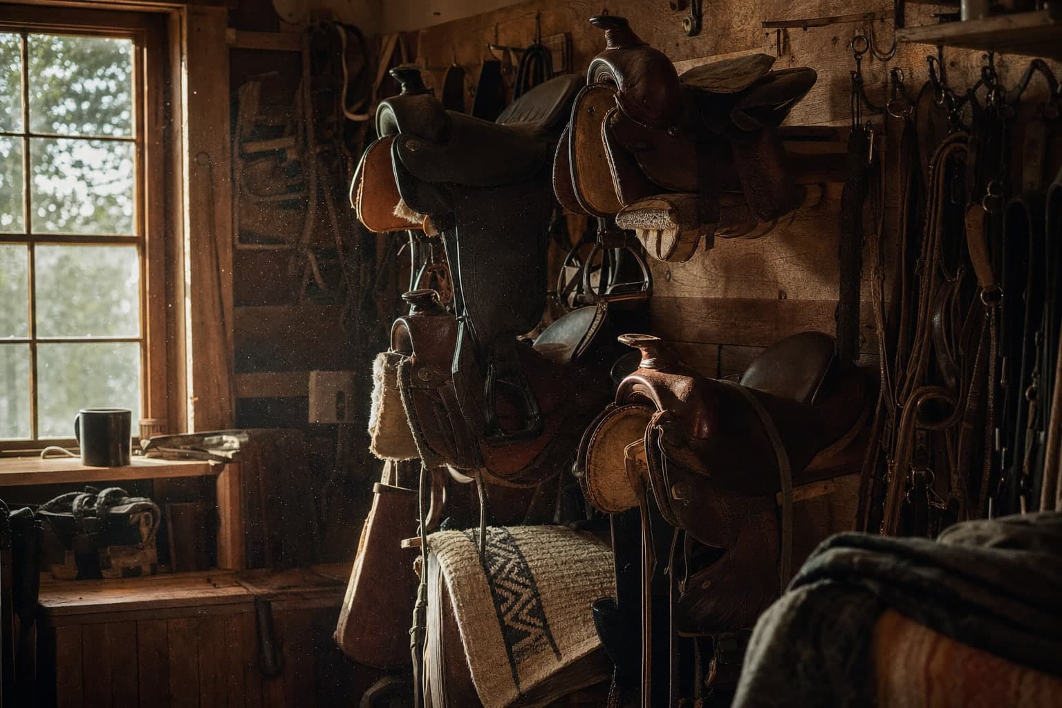 Saddles on racks in a tack room, lit by a single window