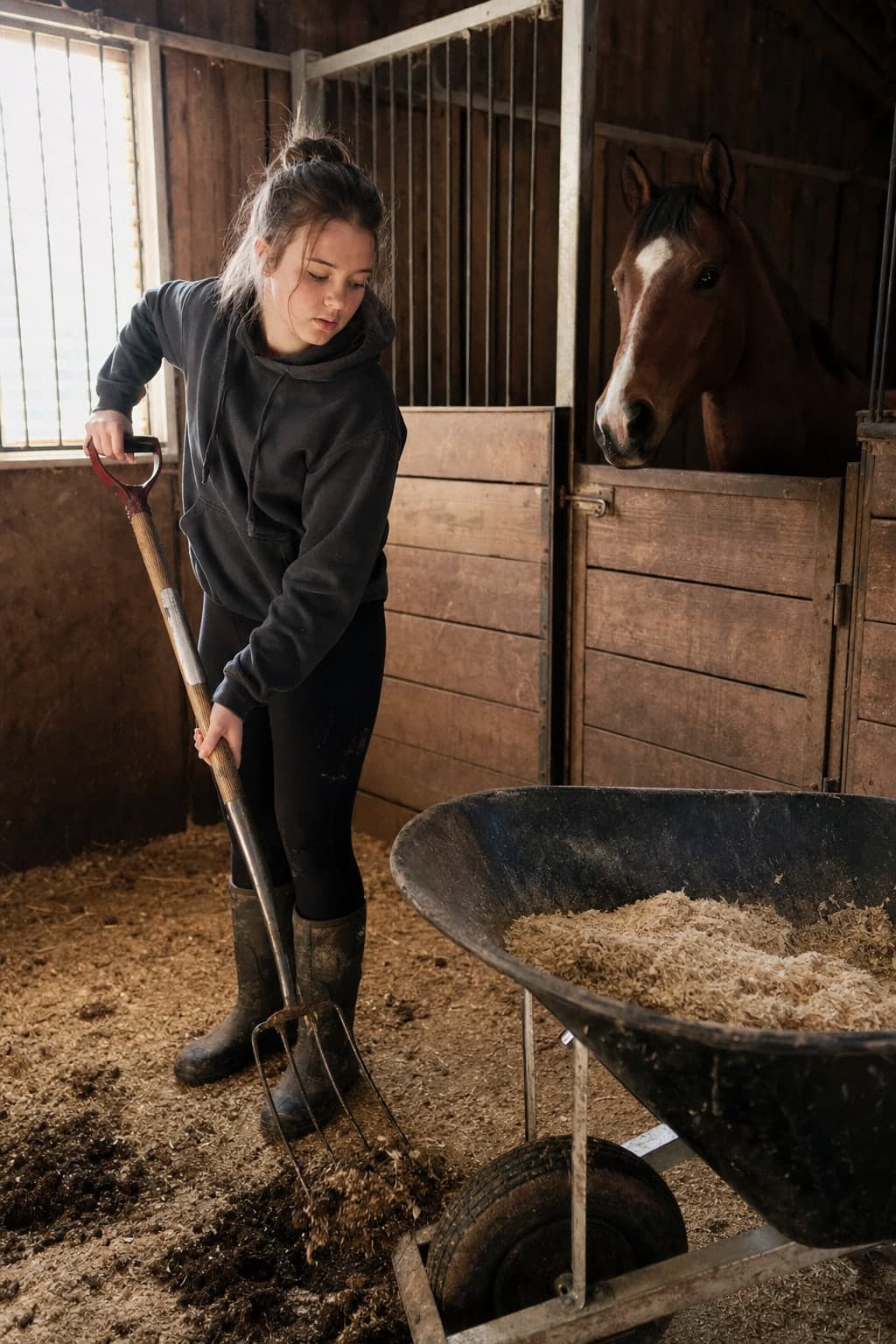 A teenager mucking out a stall while a bay horse watches from the next one